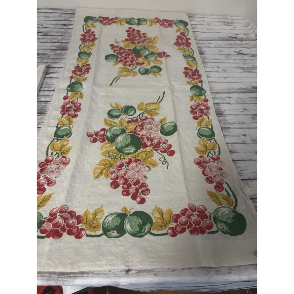 Vintage 1950s Cotton Kitchen Towels PAIR Floral Grapes Green Red Yellow